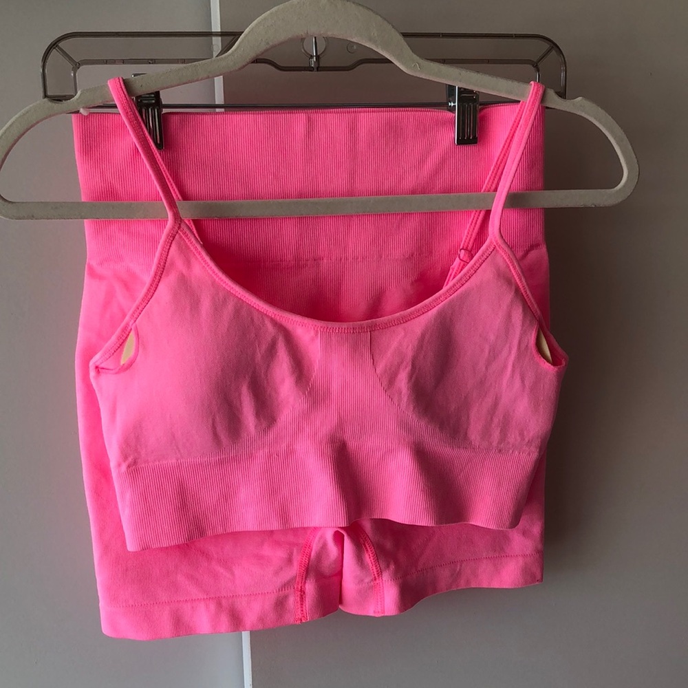 Women’s Neon Pink Workout Sets 2 Piece - Seamless Yoga Outfits Shorts